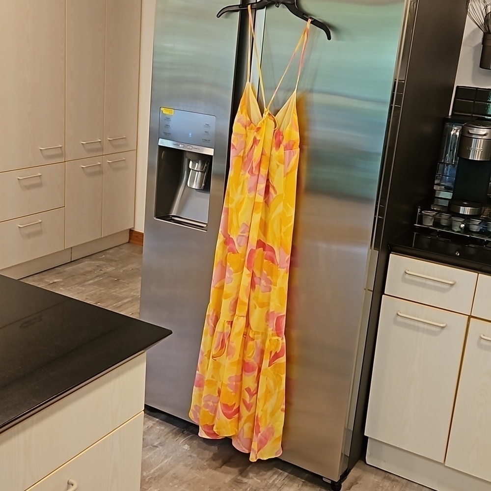 💕SANCTUARY💕 Maxi Dress ~ Yellow Pink Abstract Floral Watercolor Print S NWOT - Picture 2 of 7